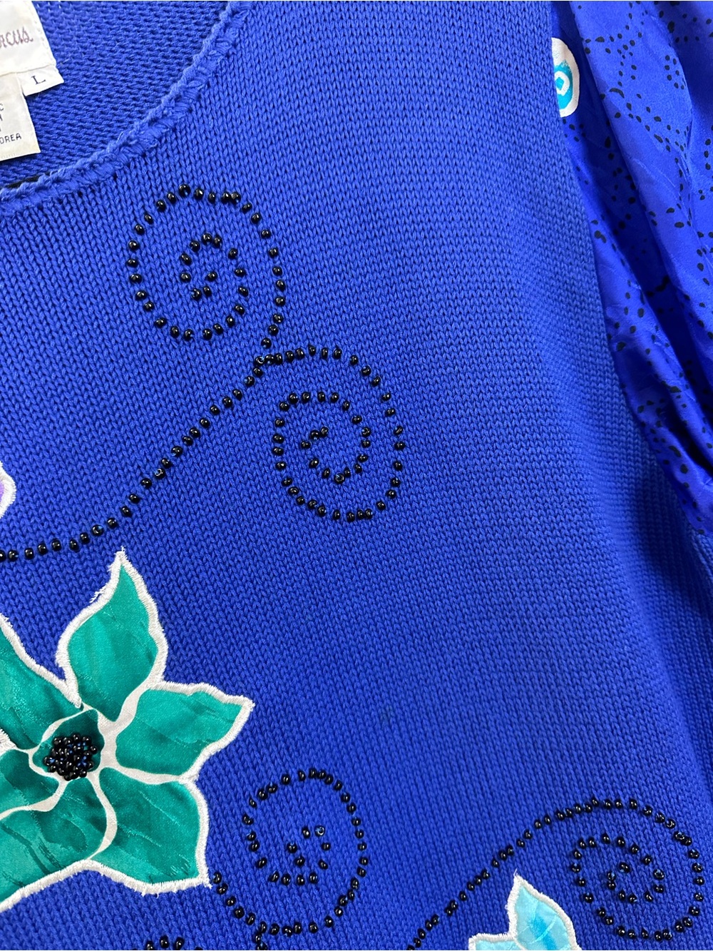 Neiman Marcus Cobalt Blue Floral Applique Puff Sleeve Sweater - Picture 4 of 13